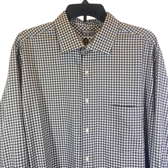 Van Heusen Flex Men's size 17.5 long sleeve button up shirt black white gingham - Picture 2 of 7
